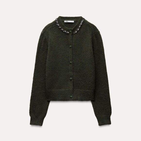 Zara Sweaters - ZARA Beaded Rhinestone Knit Cardigan Green Wool Blend Size Medium